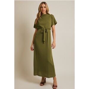 Tie-Waist Olive Maxi Dress with Short Sleeves
